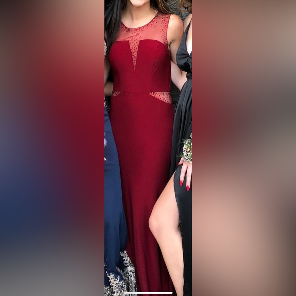 Red prom dress with mesh detailing